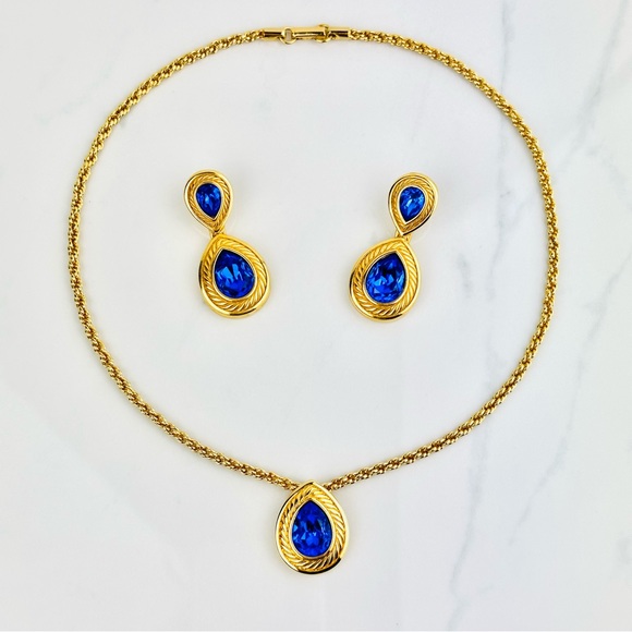 VTG 80s Swarovski Swan Blue Pear Cut Crystal Pendant Chain Necklace Earrings - Picture 10 of 11